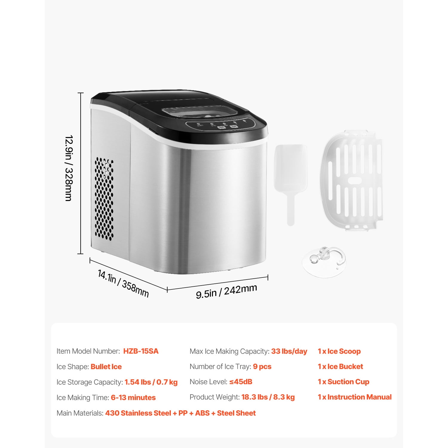 KFFKFF 33lbs/DAY Countertop Ice Maker Self-Cleaning 9 Ice Pieces in 6 Minutes Ice Maker with Ice Scoop and Basket 2 Sizes Bullet Ice