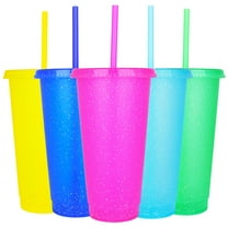 24 oz 5-Pack Glitter Cups with Lids and Straws, Reusable Plastic Cups for Cold Drinks Tumbler with Straw and Lid, Great for Parties, Iced Coffee, Juices, Smoothies