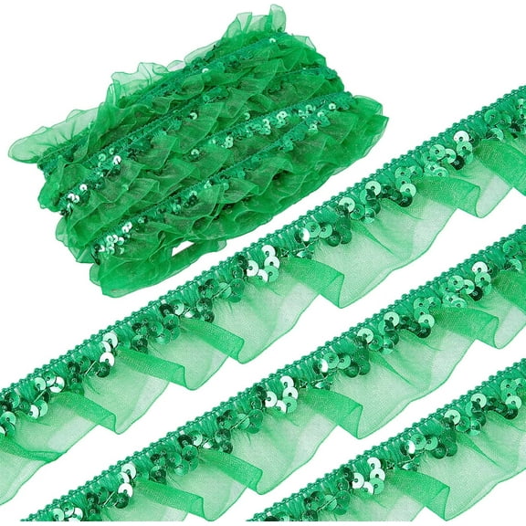 13Yds Lime Green Satin Organza Sequin Lace Gathered Mesh Stretch Pleated Lace Fabric Trim 1-1/8" Ruffled Floral Elastic Fringe Applique for Sewing Gift Package Wrapping Dress Cloth Crafts