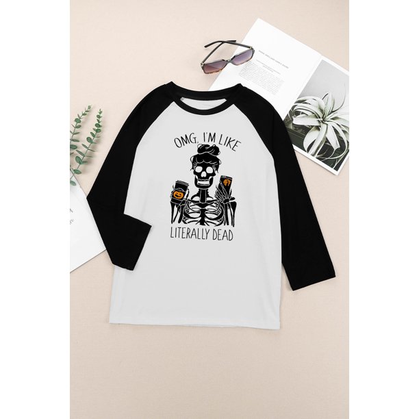ABPHQTO Top negro de mujer con estampado gráfico de letras esqueléticas y bloques de color