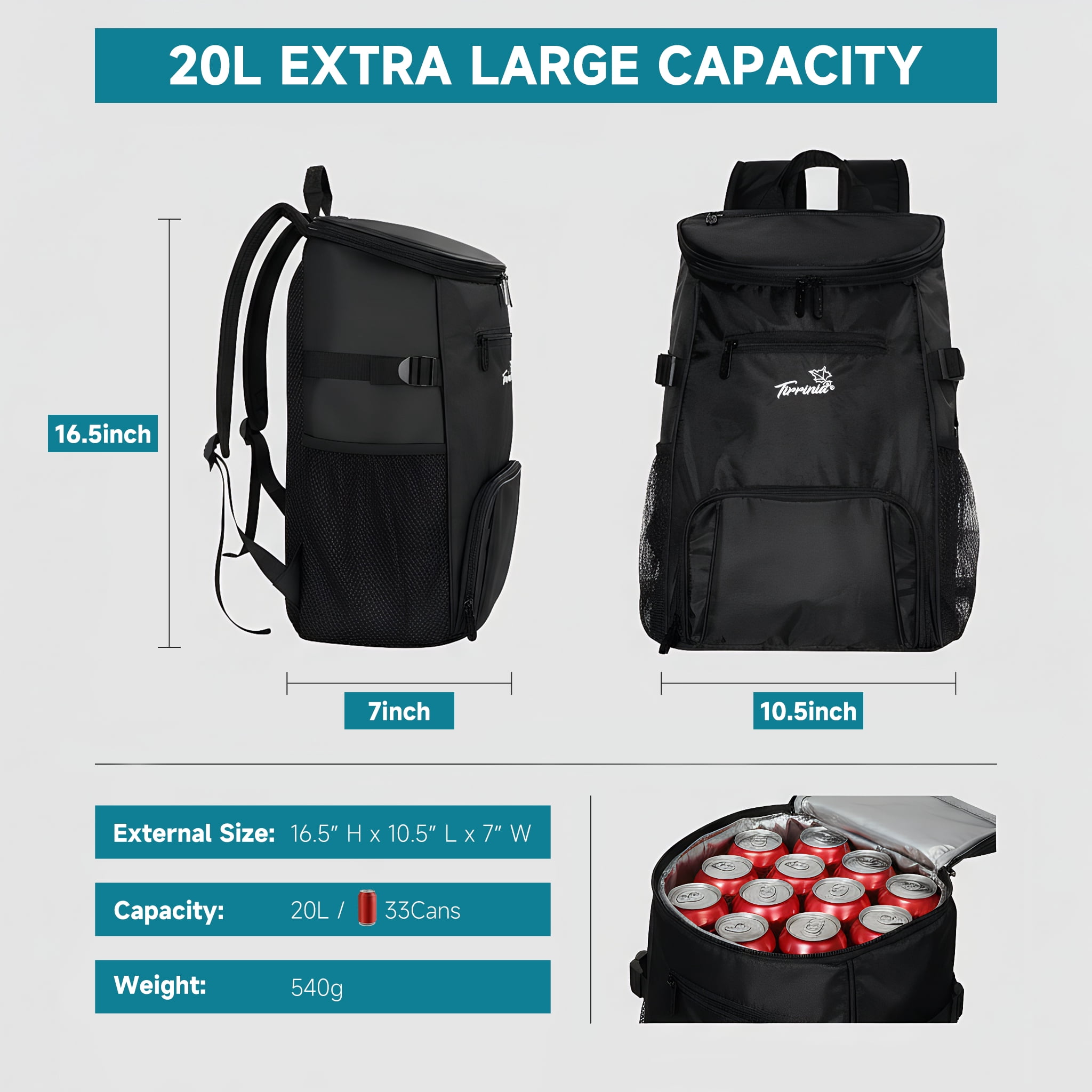 Tirrinia Cooler Backpack - 33 Cans Insulated Backpack Cooler for Men & Women, Soft Portable Lightweight Cooler Bag for Beach Travel, Picnic, Lunch, Hiking, BBQ, Camping
