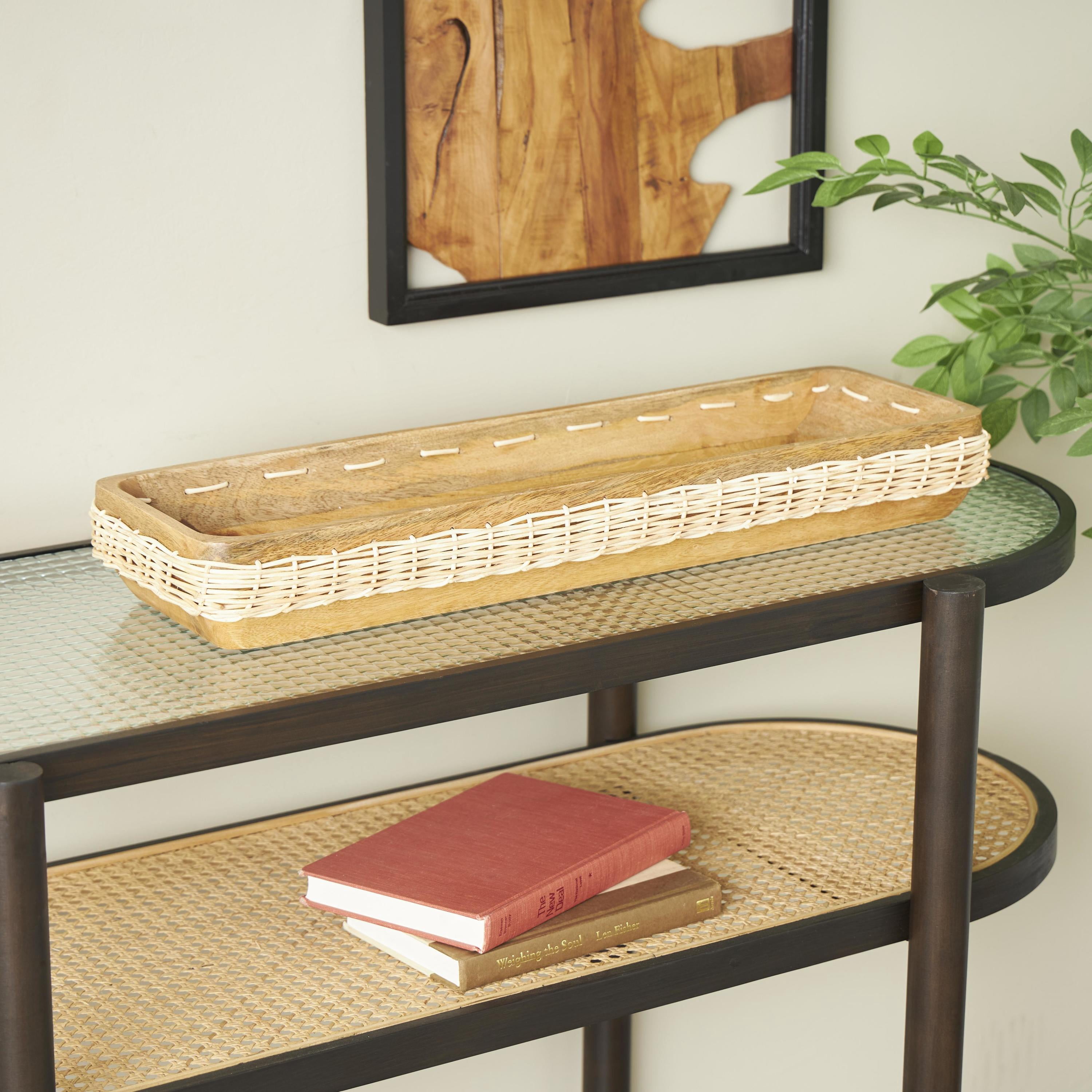 DecMode 24" x 8" Brown Mango Wood Handmade Nesting Tray with Hand Woven Seagrass Accents, 1-Piece