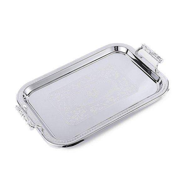 Bandeja para servir de acero inoxidable de estilo nórdico europeo con asas, elegante y rectangular para café, plato de exhibición de postres, decoración del hogar, L, plata Feliz Sencillez