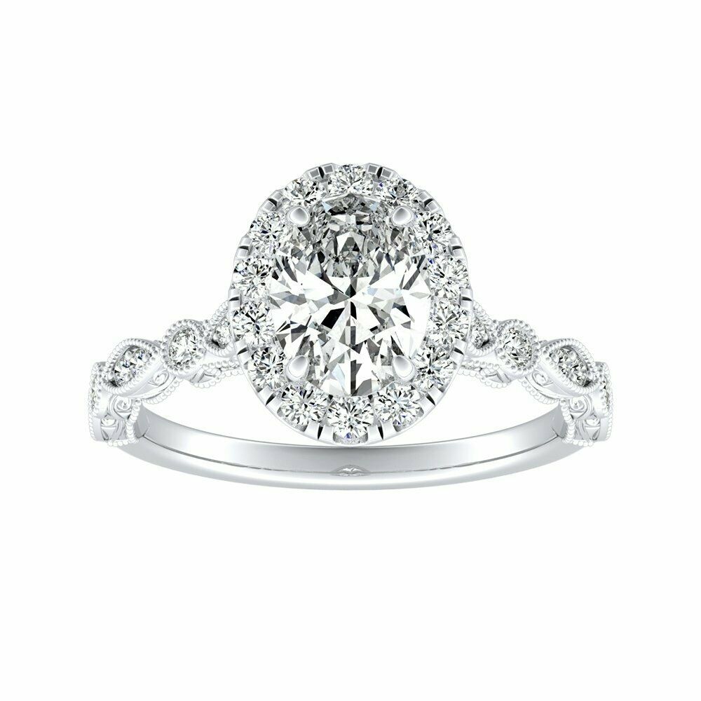 HeartsAndYou 2ct Oval Cut Moissanite Milgrain Vintage Inspired Engagement Ring for Women 18k White Gold over Silver Stylish