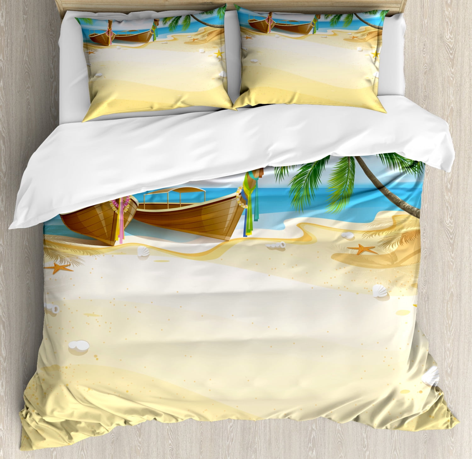 Beach Queen Size Duvet Cover Set, Paradise Island Coconut Tree and