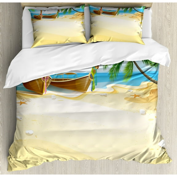 Beach Queen Size Duvet Cover Set, Paradise Island Coconut Tree and Boats Tropical Coastline Relaxation Environment, Decorative 3 Piece Bedding Set with 2 Pillow Shams, Multicolor, by Ambesonne