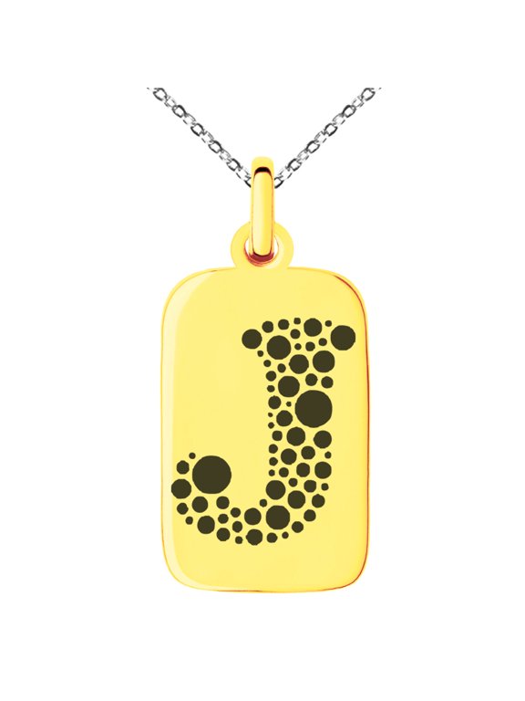 Stainless Steel Letter J Initial Dotted Monogram Engraved Small Rectangle Dog Tag Charm Pendant Necklace