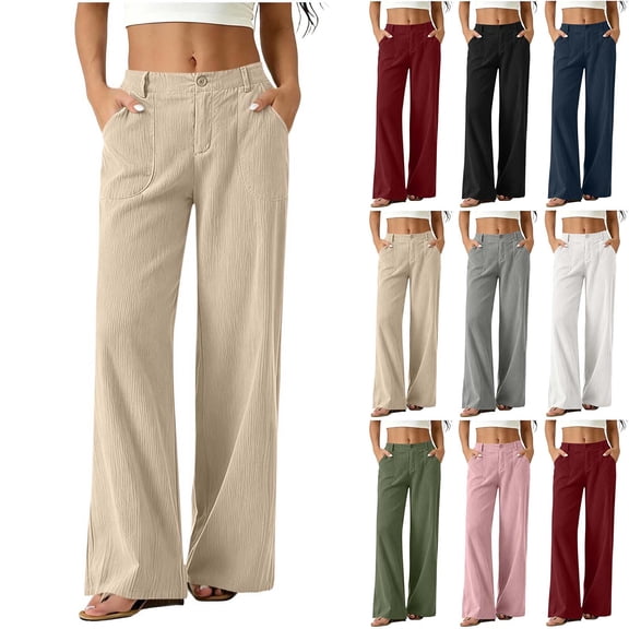 XUNKUSGA Corduroy Pants for Women Vintage Solid Color High Waist Wide Leg Pants for Women with Elastic Back Band Fashion Front Patch Pockets Fall Winter Outfits Office Wear S