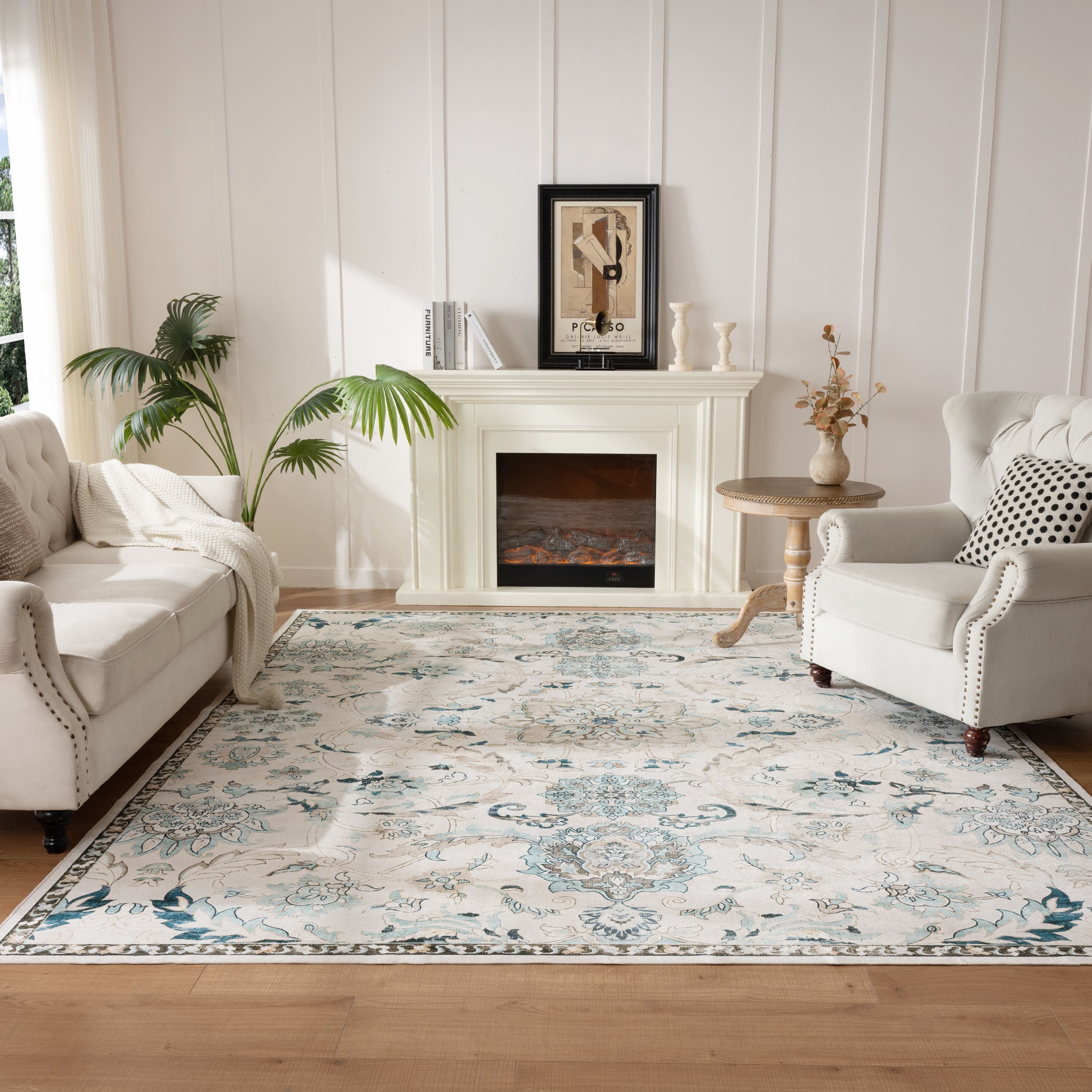 Sage Green Rugs 8x10 for Living Room Soft Non-Slip, Large Vintage Floral Area Rug Retro Tribal Farmhouse Stain Resistant Carpet for Bedroom Dining Room Office Guest Room