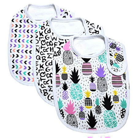 

Waterproof and Super Absorbent Baby/Toddler Bibs 3-Pack with Adjustable Snaps and Pacifier Holder 3-Layer Waterproof Layer 100% Cotton Front.