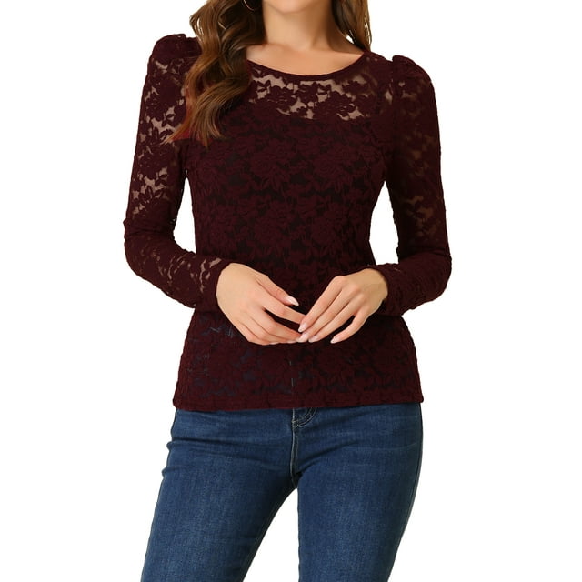 BLUSAS DE MANGA LARGA ABULLONADA SEMI TRANSPARENTE DE ENCAJE FLORAL PARA MUJER INSPIRADA CHIC M BURDEOS