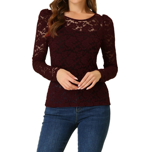 BLUSAS DE ENCAJE FLORAL SEMI TRANSPARENTES DE MANGA LARGA ABULLONADA PARA MUJER INSPIRE CHIC L BURDEOS