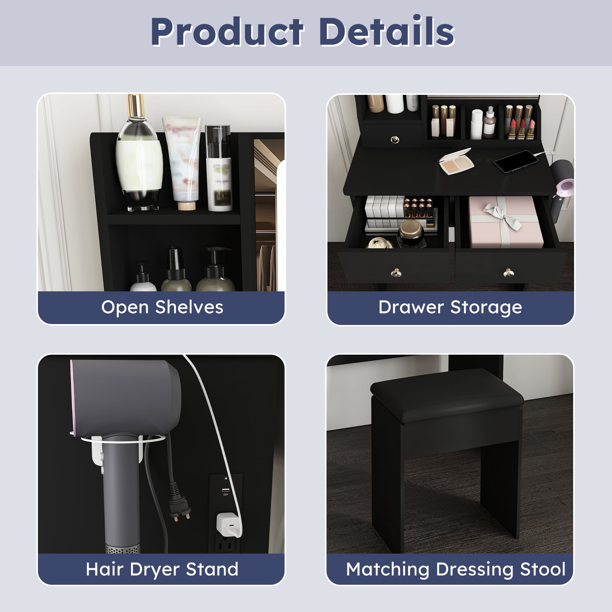 Mintazer Modern Vanity Desk Set with LED Lighted Mirror & Stool, Makeup Vanity with Power Outlet, Hair Dryer Holder, 3 Drawers & Open Shelves, Black