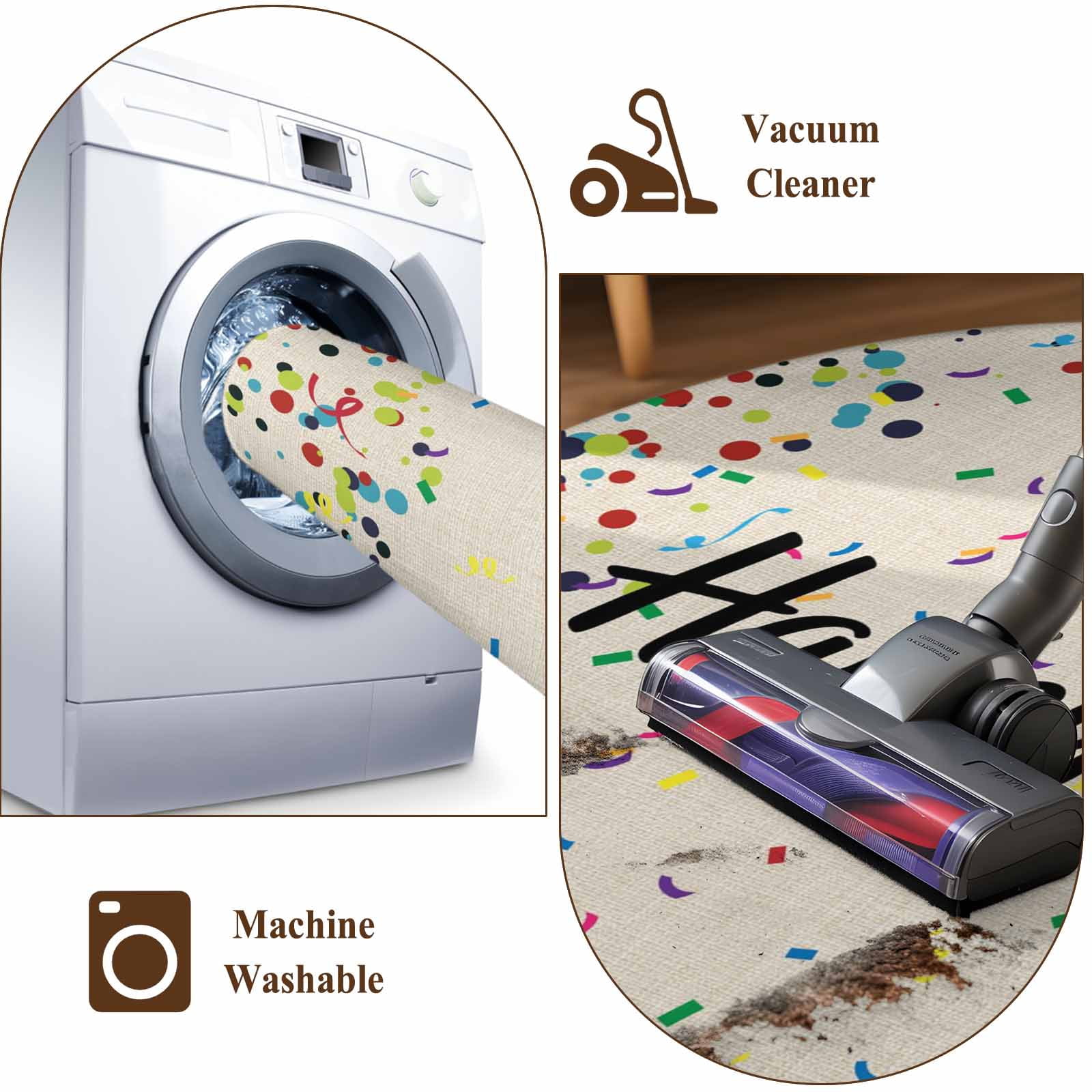 Beige Birthday Large Area Rugs for Bedroom Living Room, Non Slip Carpet Bedside Rug, Colorful Confetti Ribbons Polka Dots Classroom Rectangular Floor Cover Kitchen Accent Rug 2'x3' for Office