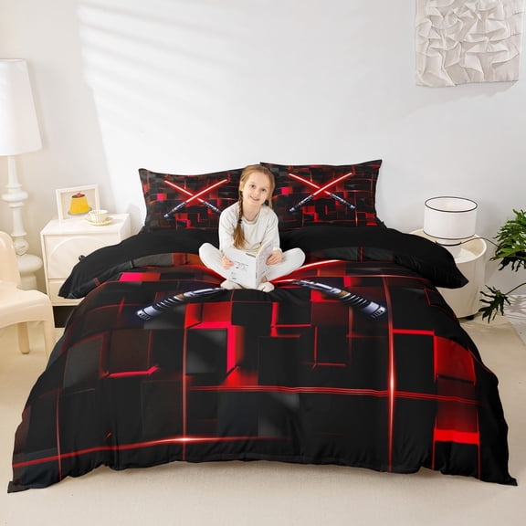 Erosebridal Red Light Duvet Cover Twin,3D Geometric Plaid Bedding Sets Twin Size,Neon Lights Comforter Cover Twin For Boys,Lightweight Room Decorative Reversible,3-Piece(No Comforter)