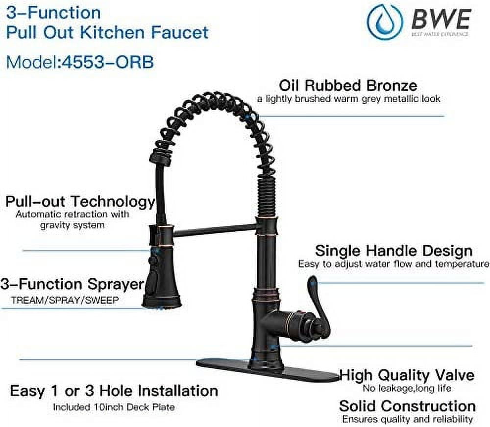 BWE Kitchen Sink Faucet with Deck Plate Oil Rubbed Bronze with Pull Down Sprayer 3 Spray Modes Single Handle Singe Lever High Arc Kitchen Faucet Lead-Free Farmhouse Commercial Bar Kitchen Faucets