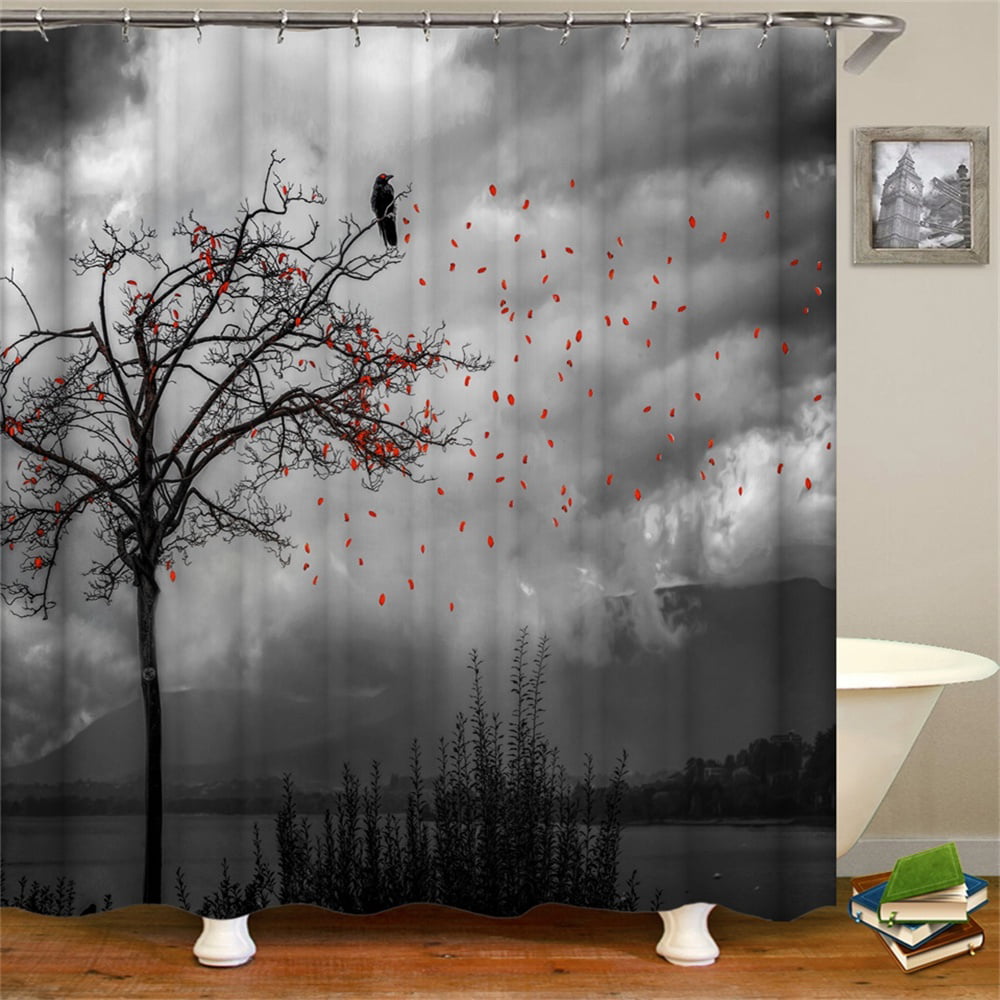Shower Curtain Set With Hooks Black Tree Splash Red Rose Petal Mystic ...