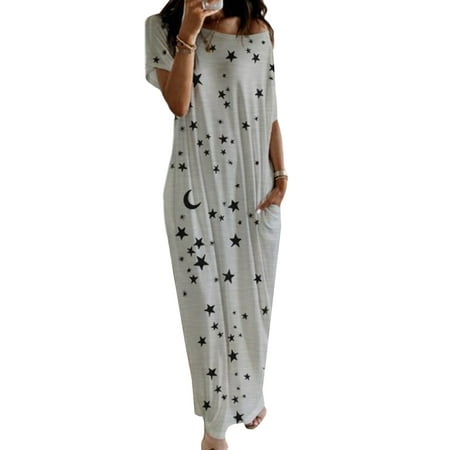 

Avamo Casual Loose Nightshirts Dress for Womens Star Print Short Sleeve T Shirt Dress Sleepwear Long Nightgowns