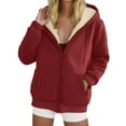 thumbnail image 2 of larppty Women's Winter Sherpa-Lined Warm Casual Solid Long Sleeve Zipper Hooded Jacket With Pockets（Wine，XL）, 2 of 5