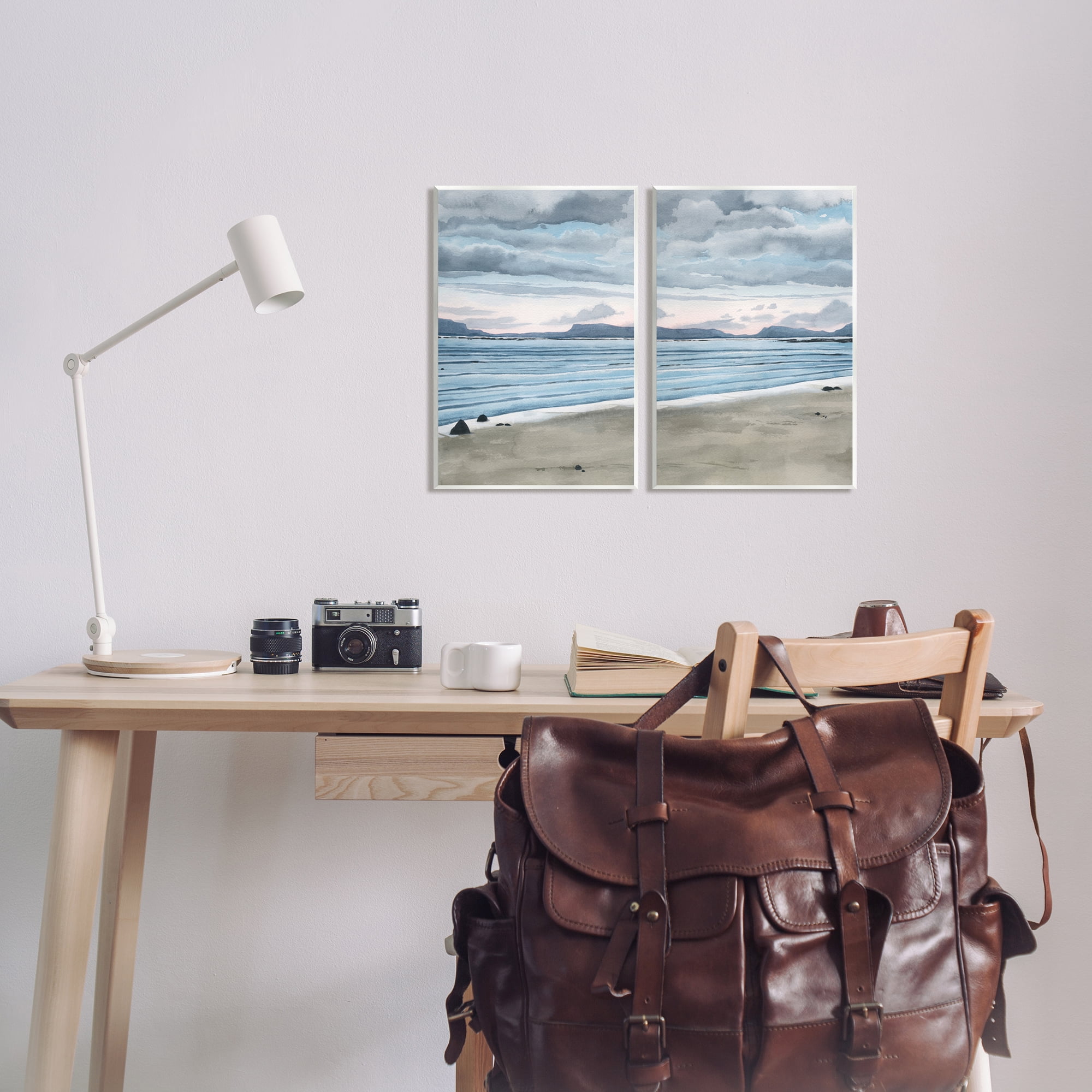 Stupell Cloudy Summer Beach Shore Watercolor Landscape Painting Wall Plaque Unframed Art Print Wall Art, Set of 2