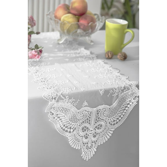 Wedding Linens Inc. 12" x 108" Jasmine Raschel Lace Embroidered Table Runner for Wedding, Events, Décor and Home Decoration use - White