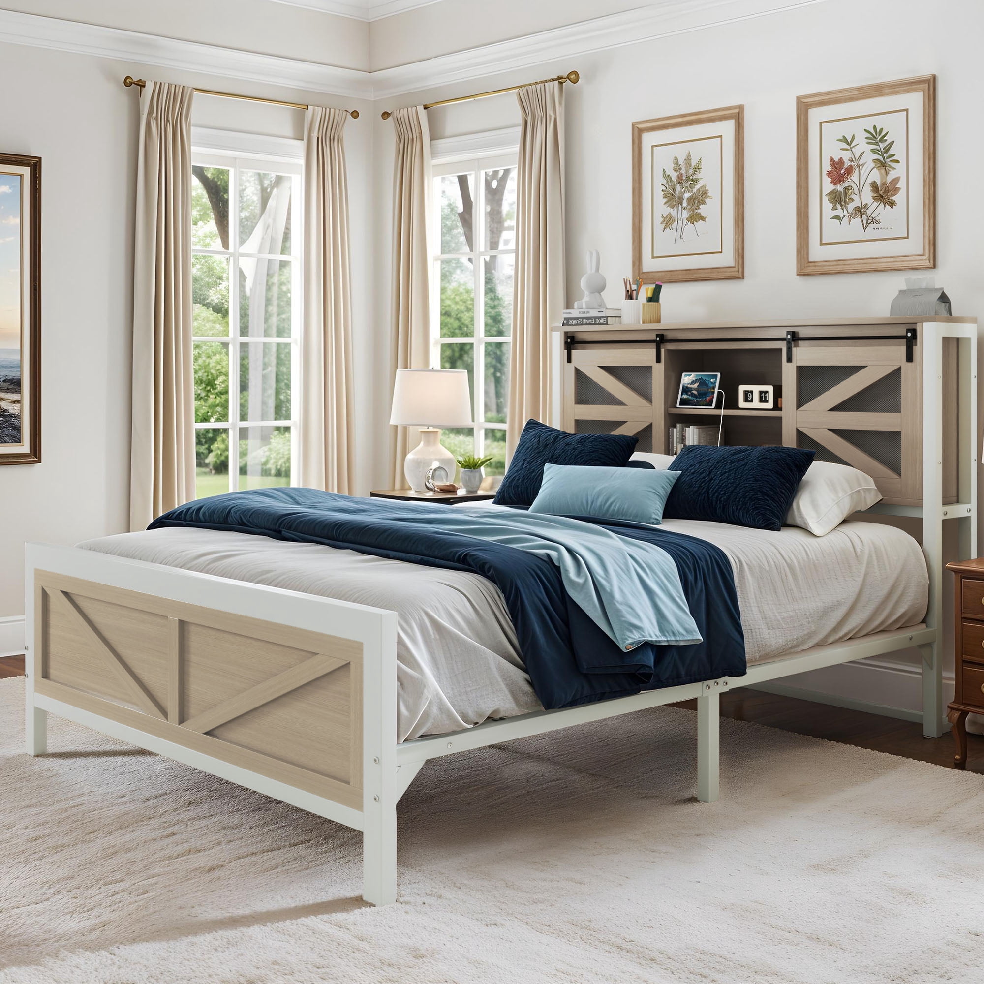 Uforic Oak Queen Size Bed Frame with Steel Mesh barn Door, Charging & Storage, Platform Bed in Modern Rustic Design