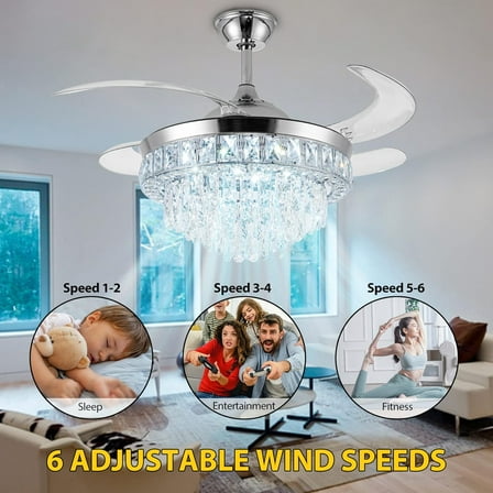 Datingday 42 Inch LED Crystal Ceiling Fan with Remote Control 6 Speeds, Modern Retractable Stepless Dimmable Chandelier Fan Indoor for Bedroom Living Room Dining Room