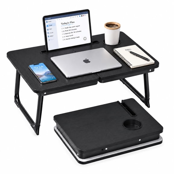 Foldable Laptop Desk for Bed and Couch, Portable Lap Desk with Cup Holder & Phone Slot, Black