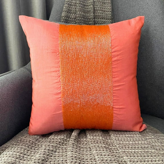 Pillow Case With Zipper, Orange Shams, Beaded Centered Pillow Shams, 24x24 inch (60x60 cm) Pillow Sham, Square Silk Pillow Shams, Pillow Shams, Modern Style, Solid - Peachy Orange