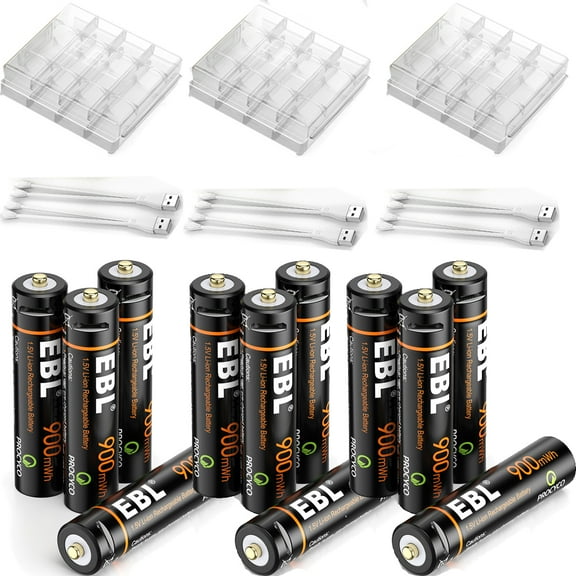 EBL 12 Pack USB Rechargeable AAA Lithium-Ion Batteries 1.5V AAA Battery 900mWh with 2 in 1 Charging Cable