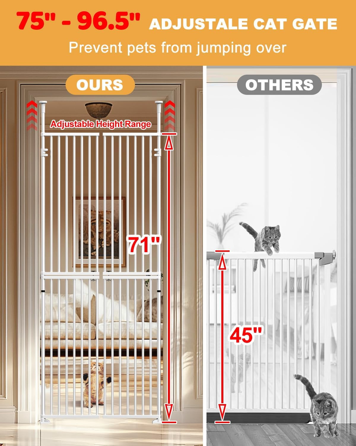 Lilypelle Extra Tall Cat Pet Gate, Adjustable 36.61"-39.37" Width 74.8-96.5 Inch Height, No Drilling Pressure Mounted, Walk Through Swing Safety Double Door Gate for Doorways, Stairs, Kitchen, House