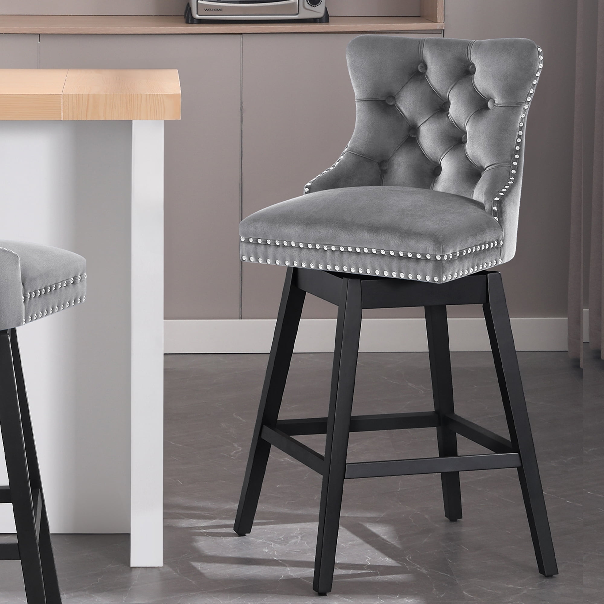 TEWLOSS Counter Height Bar Stools Swivel 26" Velvet Barstools for Kitchen Island, Gray