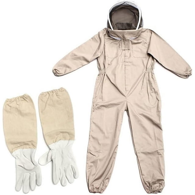 Traje de apicultura beige con capucha y guantes desmontables, talla grande, fabricado en poliéster para máxima protección, 2XL