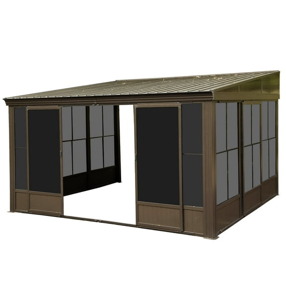 TOTAL Outdoor 10'x12' All-Season Sunroom Gazebo with Steel Roof, PVC Screen, Front & Side Door, Brown