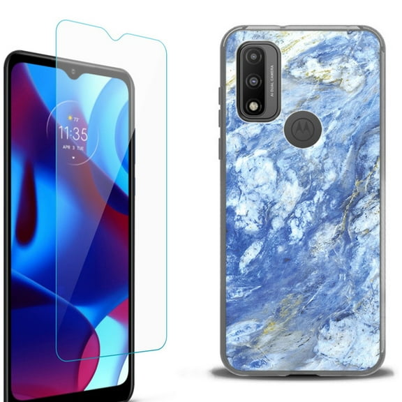 Slim-Fit Protective Phone Case (Black) compatible with Motorola Moto G Pure 5G, with Tempered Glass Screen Protector, by OneToughShield ® - Marble / Gem Blue