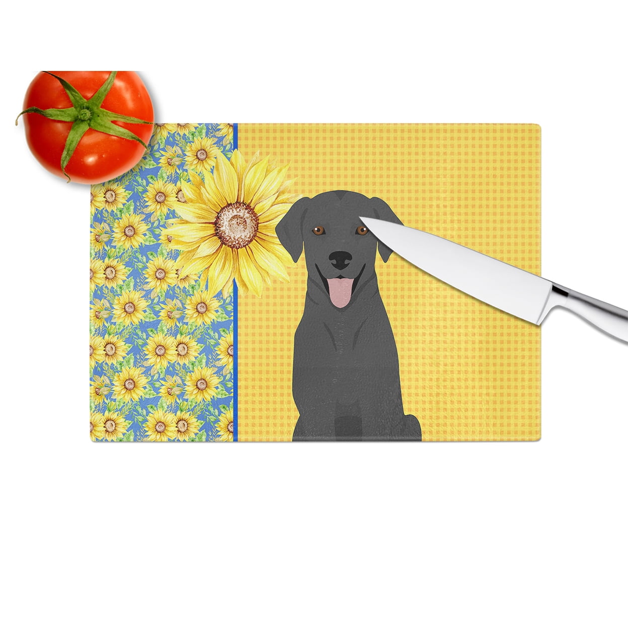 Carolines Treasures WDK5436LCB 15 x 12 in. Summer Sunflowers Black Labrador Retriever Glass Large Cutting Board