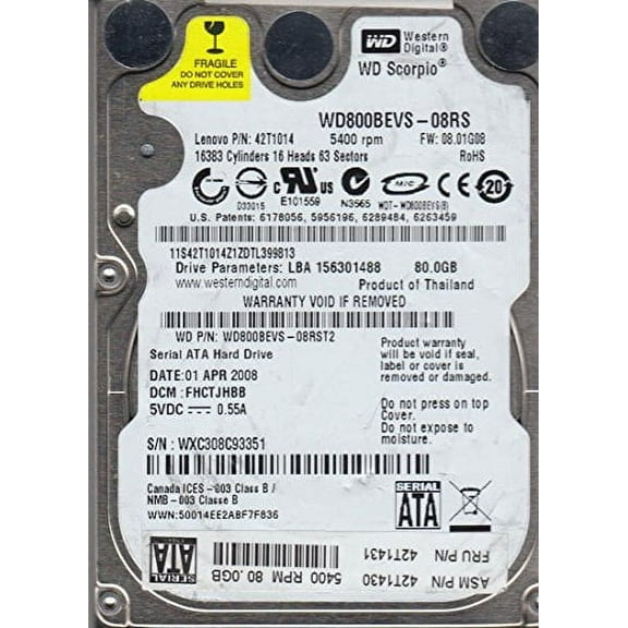 WD800BEVS-08RST2, DCM FHCTJHBB, Western Digital 80GB SATA 2.5 Hard Drive
