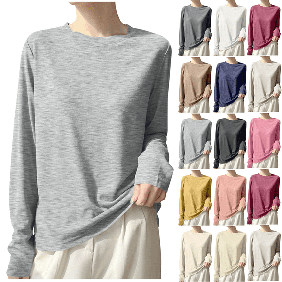 Long Sleeve Shirts for Women Fashion Soft Lightweight Thin Solid Color Round Neck Basic Loose Tunic Tops