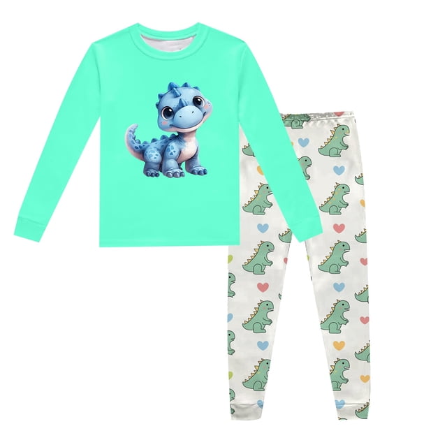 LUOGENLI Ensemble de Pyjama à Manches Longues et Col Rond Imprimé Dinosaure pour Enfants (2 9 Ans) Tenues de Travail pour Garçons Vert Menthe 4T
