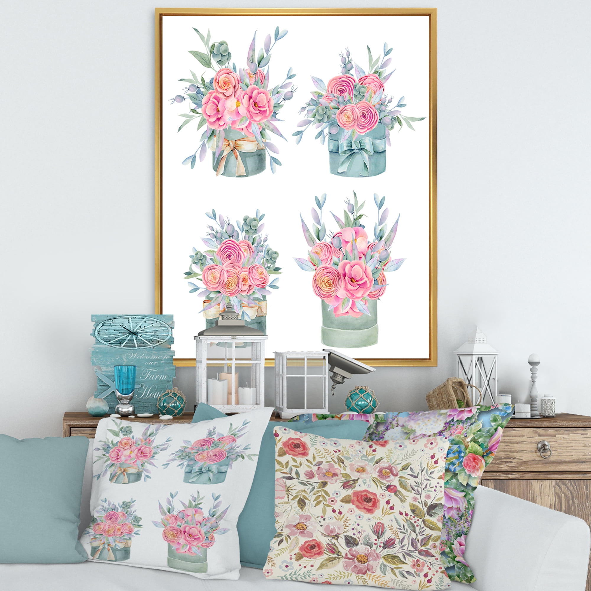 Designart 'Bouquets Collection of Pink Roses' Farmhouse Framed Canvas Wall Art Print