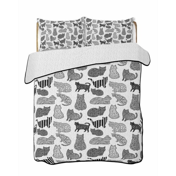 Quilts Twin Size Bedding Set, Black White Cat Lightweight Quilted Comforter, Modern Striped Geometric Abstract Soft Reversible Bedspread Coverlet with Pillow Covers for All Season, 68" x 86"