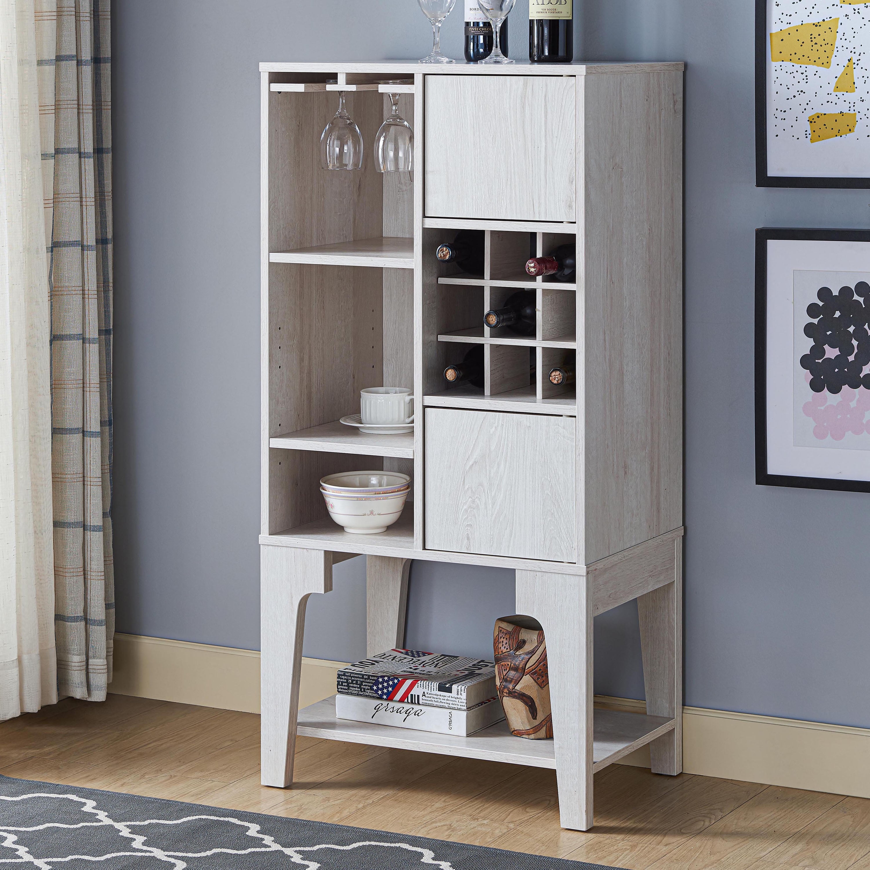 Furniture of America Morg 24"Width Wood 9-Bottle Wine Cabinet with Doors, White Oak