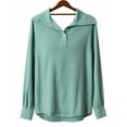 thumbnail image 6 of BiZtdJrK Women's Cotton Knitted Long Sleeve Lightweight Tunic Sweatshirt Tops Lapel Collar Solid Pullover Green XL, 6 of 7