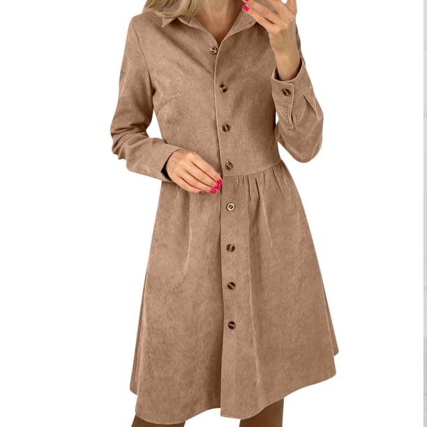 Vestido camisero de pana de manga larga para mujer: botonadura sencilla, liso, informal, falda larga