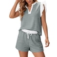 thumbnail image 4 of SOOMLON 2 Piece Sets for Women Summer Plus Size V Neck Cap Sleeve Lace Tees Color Block Shorts Casual Matching Outfit, 4 of 9