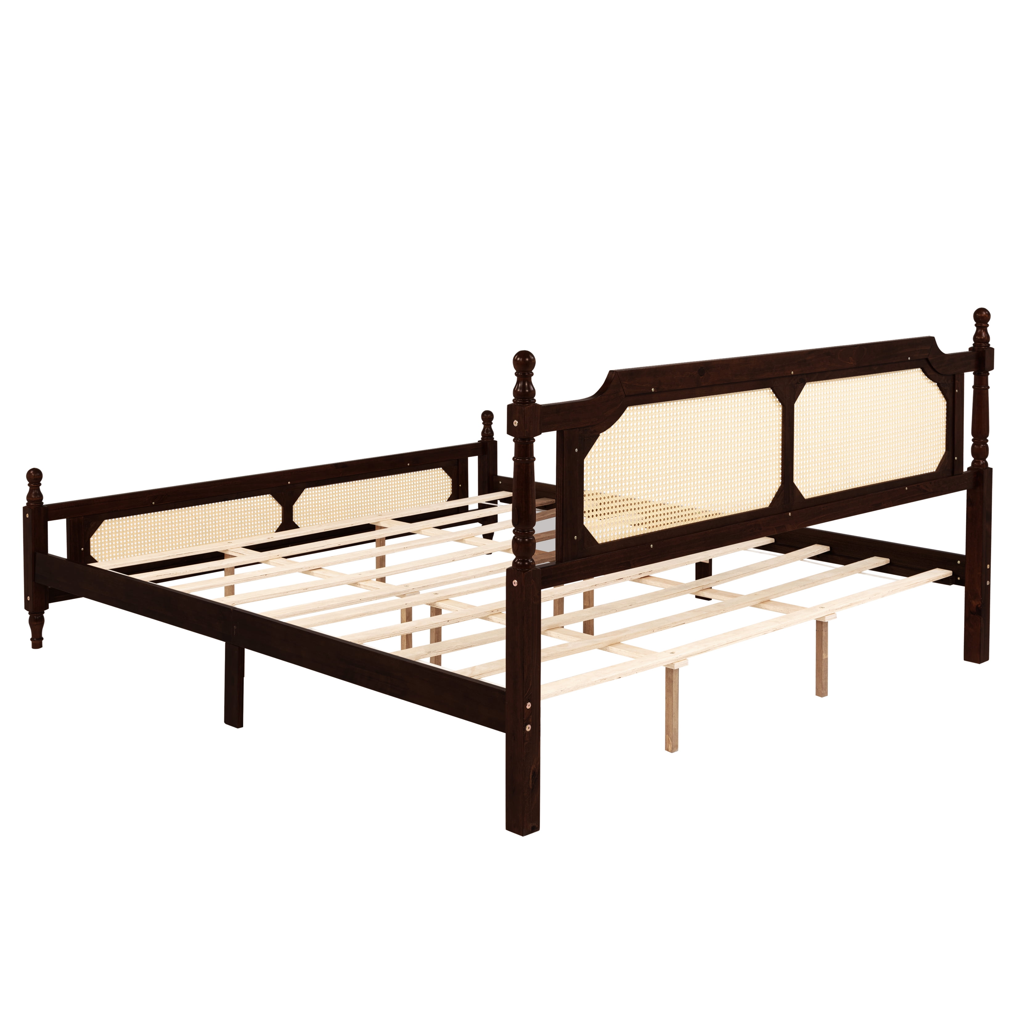 Miniyam King Size Rattan Bed with Spherical Bedposts for Adult, Espresso