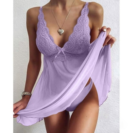 IDALL Lingerie Sets for Women Sexy Babydoll Dress for Women Lace Tops for Women Transparent Pajamas Underwear Suspenders Dress Lace Womens Pajama Sets Pijamas De Mujer Purple XXL