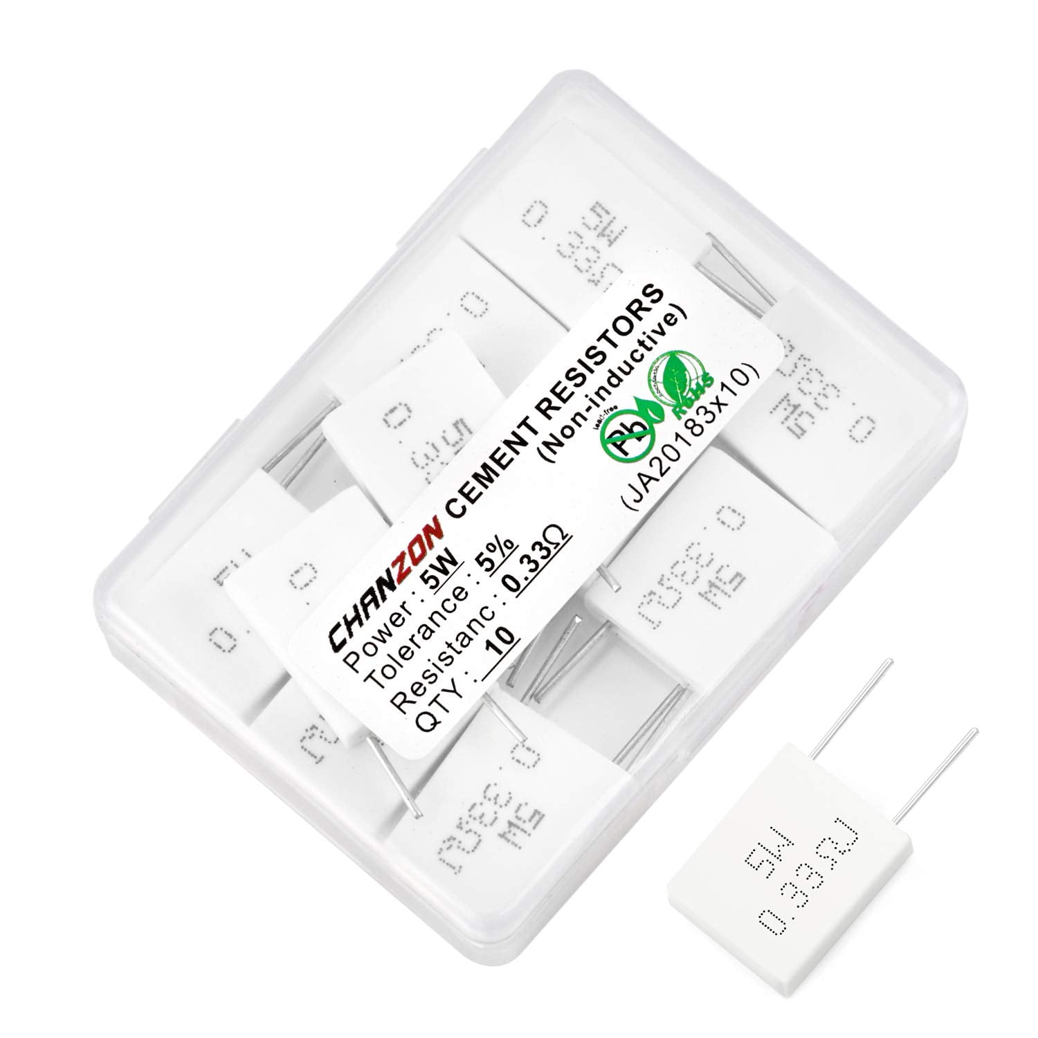 10 pieces of 5 ohm ceramic cement resistors with 0.33 ohm ±5% tolerance, non-inductive winding 0.33