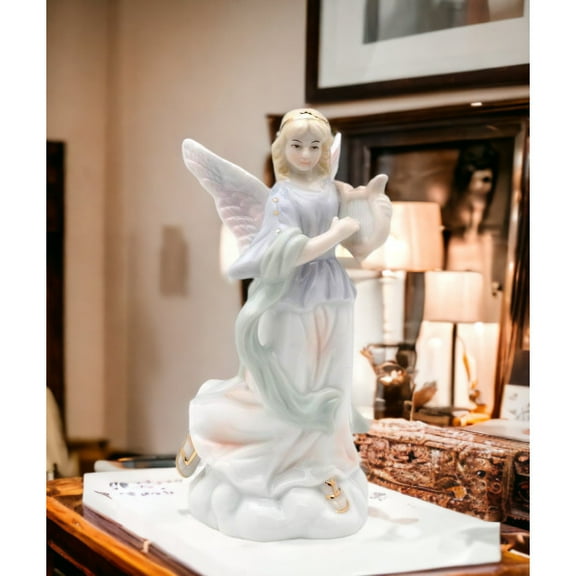 Ceramic Angel Playing Harp Figurine, Religious Décor, Religious Gift, Church Décor, Church Gift, Baptism Gift