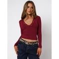 thumbnail image 4 of Blusas de Larga para Mujer con Cuello en V y de Encaje Ajustadas para Salir Vino Tinto S, 4 of 9